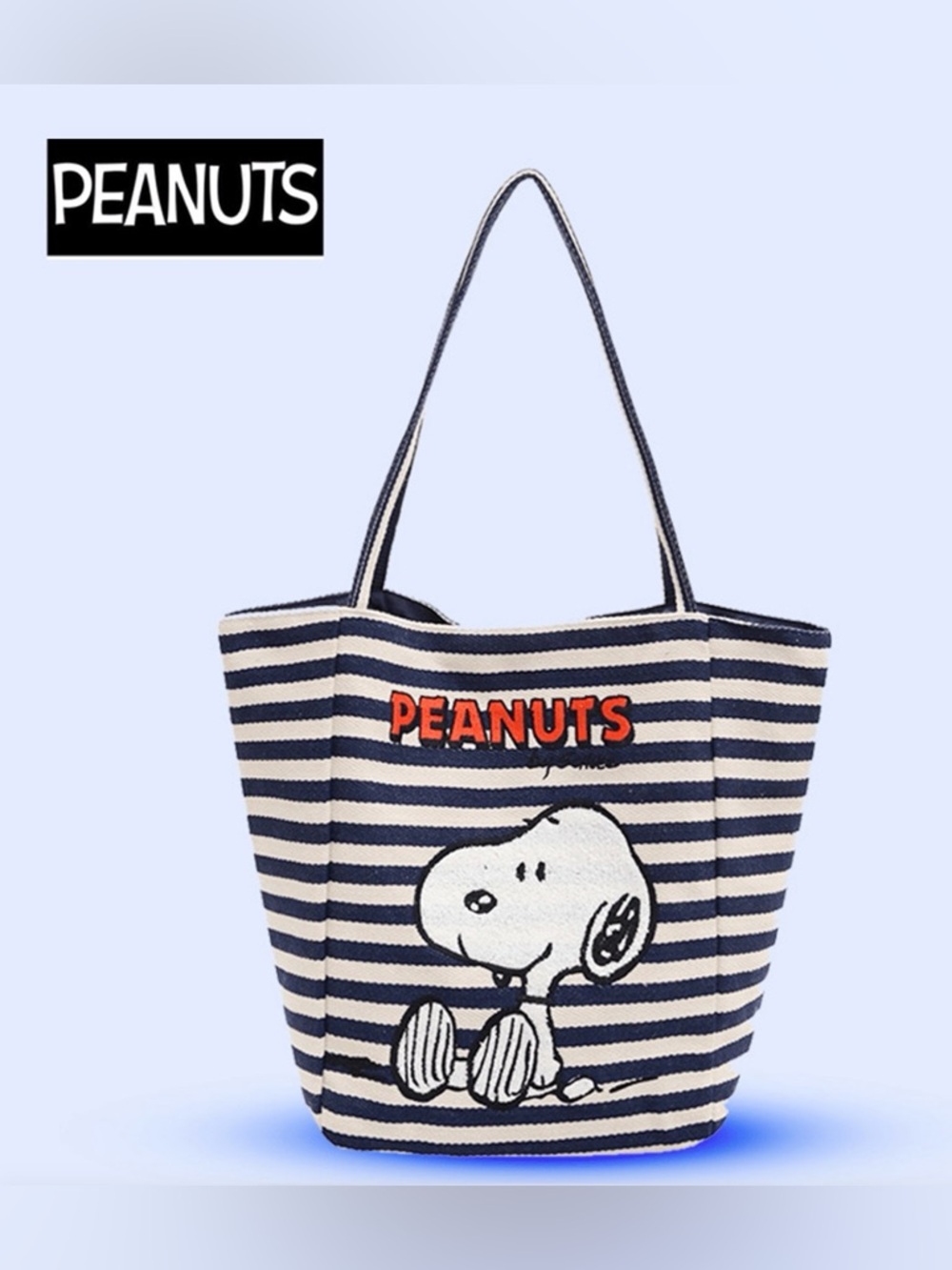 Peanuts Navy & White Striped Snoopy Canvas Tote with Red Logo